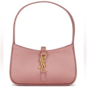 Saint Laurent Mini Le 5 A 7 Hobo Dragee Pink Satin Gold YSL Logo Top Handle Bag